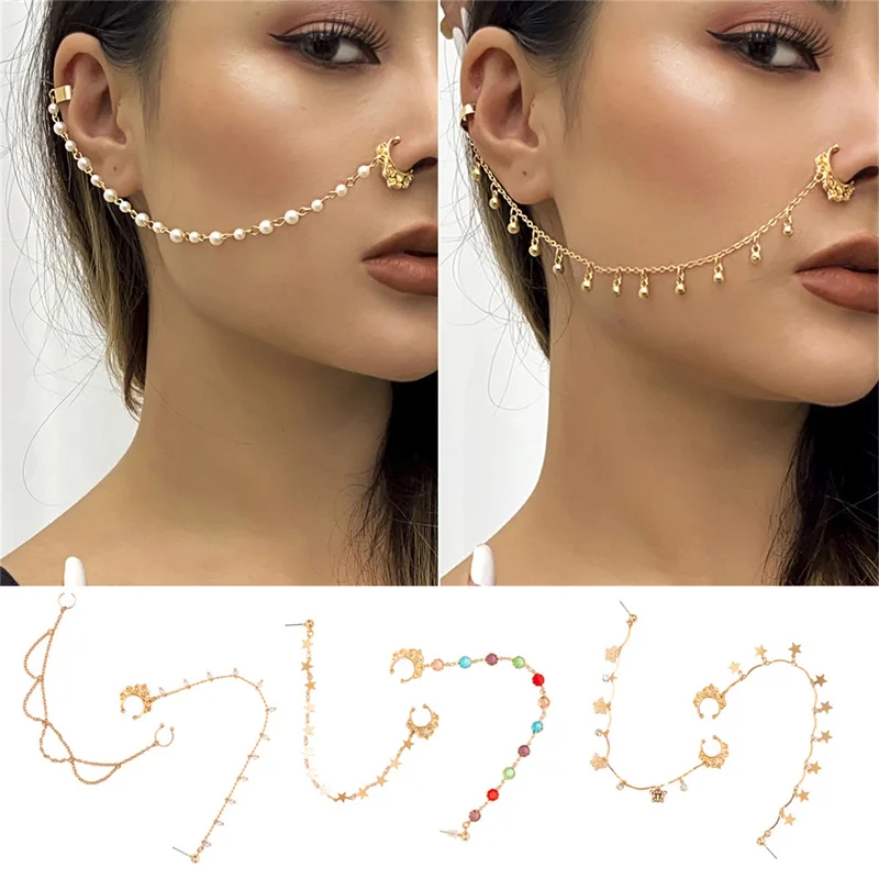 Fashion Party Gift Alloy Women Geometric Pearl Pendant Tassel Chain Earrings Fake Piercing Nose Clip Hot Sale