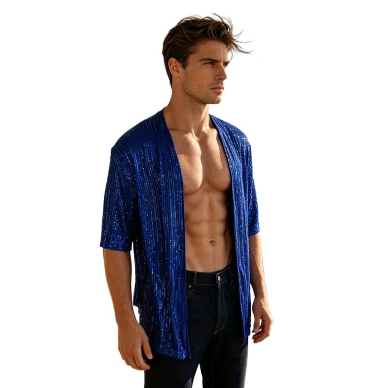 Herren-Pailletten-Kimono-Cardigan, kurzärmelig, vorne offen, locker sitzende Strand-Party-Festival-Rave-Oberbekleidung, Herren-Poloshirts, Kleidung – Detail 8