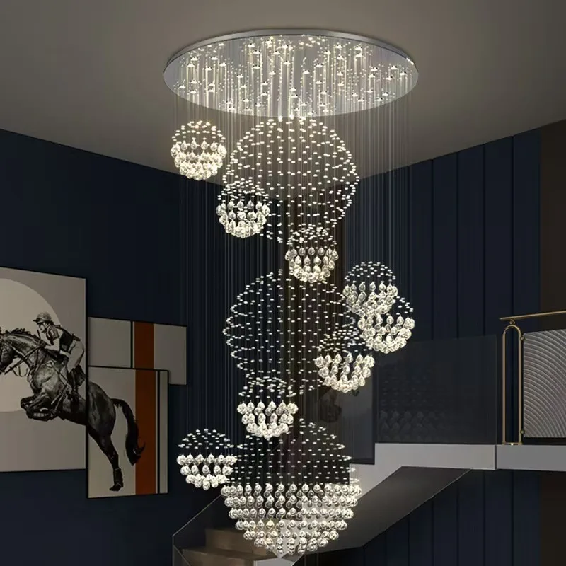 Cross-border duplex building crystal chandelier villa crystal lamp hotel lobby living room hollow loft staircase long chandelier