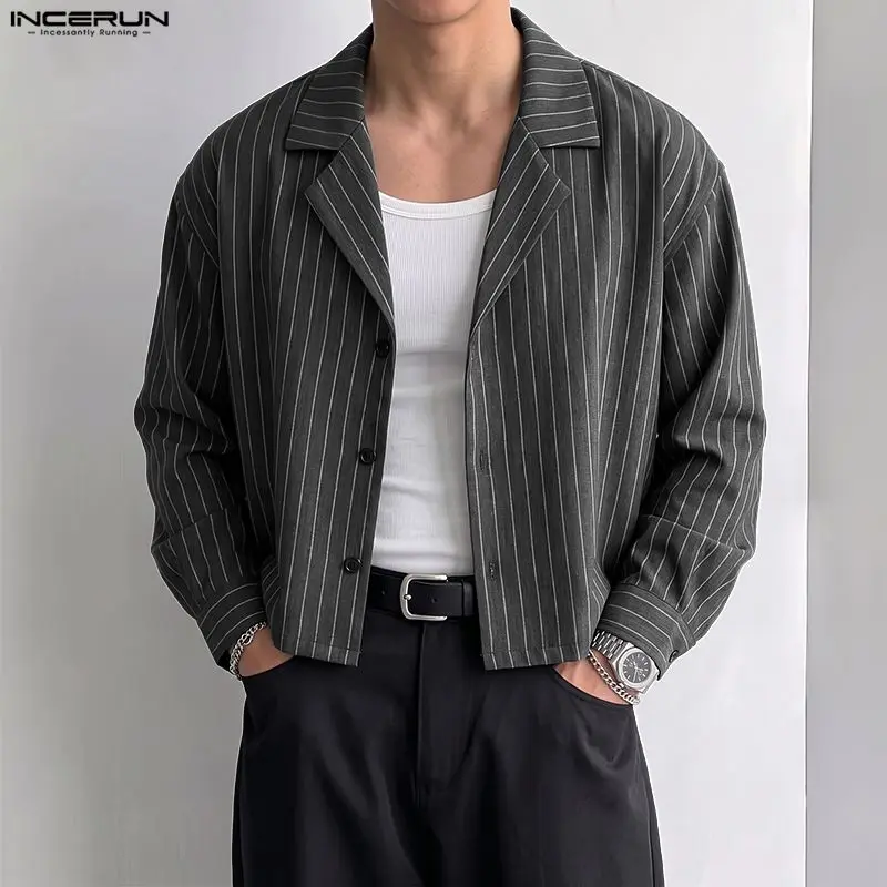 INCERUN Men's Striped Shirt Lapel Long Sleeve Button Loose Men Clothes Streetwear Korean Style Fashion Casual Tops Male Shirts