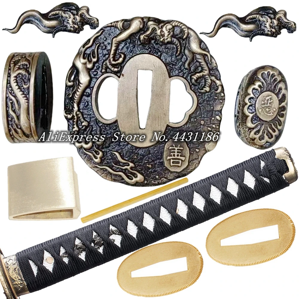 

A Set Black Ito Tsuka/Brass Hand Guard Japanese Sword Katana/Wakizashi Fittings Tsuba/Menuki/Fuchi/Kashira/Handle/Habaki/Seppa