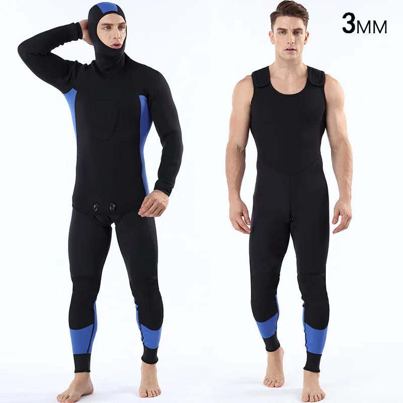 Men's 3mm Split Wetsuit Thicken Neoprene Diving Suit with Hood Elastic Surfing Fish Hunting Snorkeling Sets Two-piece Swimsuit