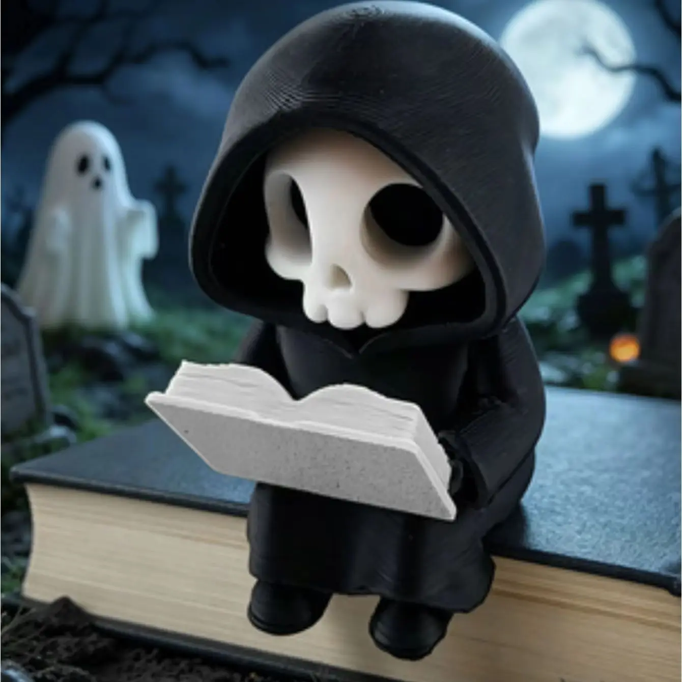 Gothic style skull hooded reading small death god ornament, Halloween desktop decoration, bedroom, study, office ornament