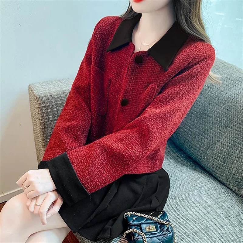 Herbst Winter rot Freizeit jacke 2024 neue einreihige Polo kragen Damen bekleidung Mantel Mode lose Kurz mantel weiblich