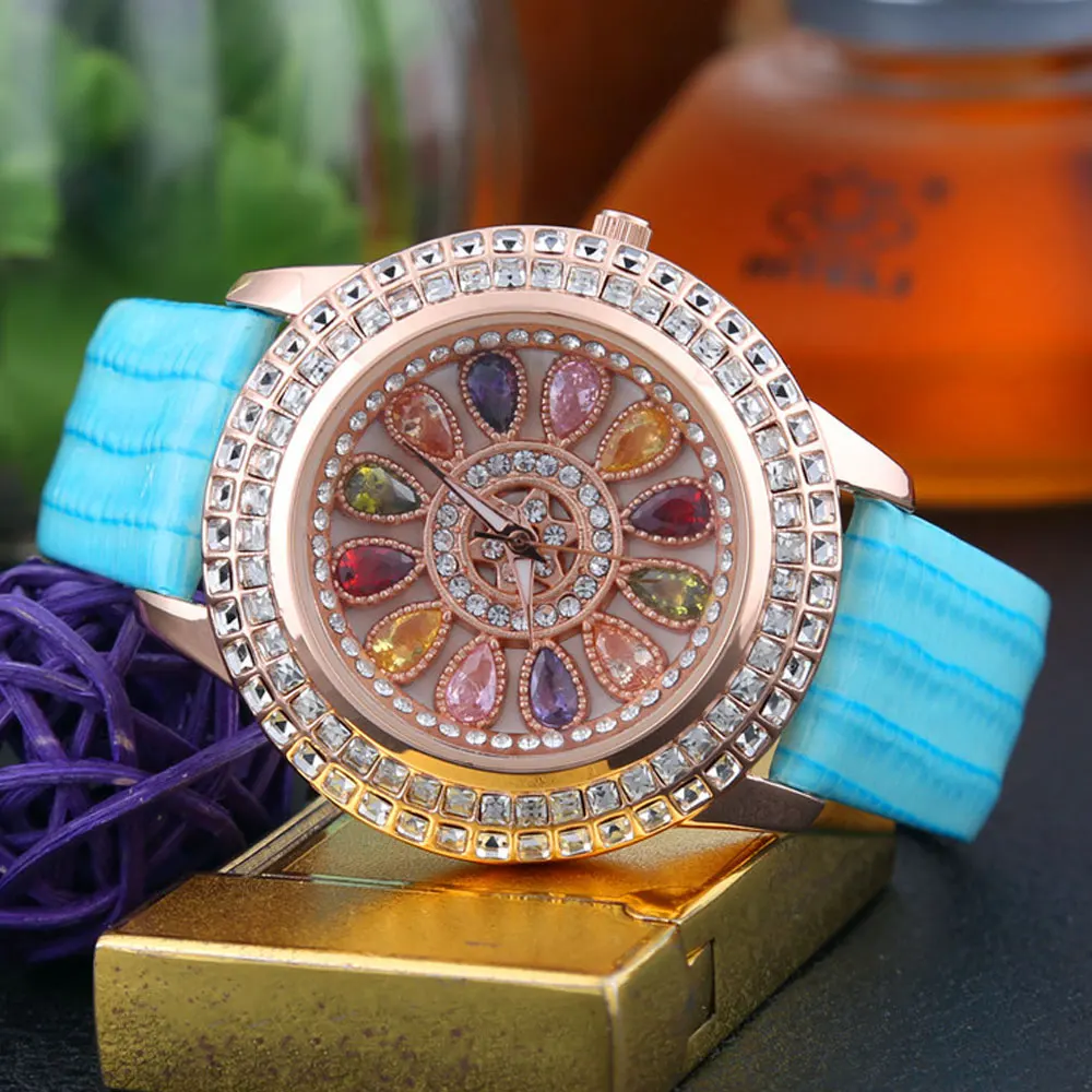 Korean Ladies Watch Colorful Rhinestones Dashi Dial Quartz Watch Casual Leather Ladies Clock Gift Relogio Feminino