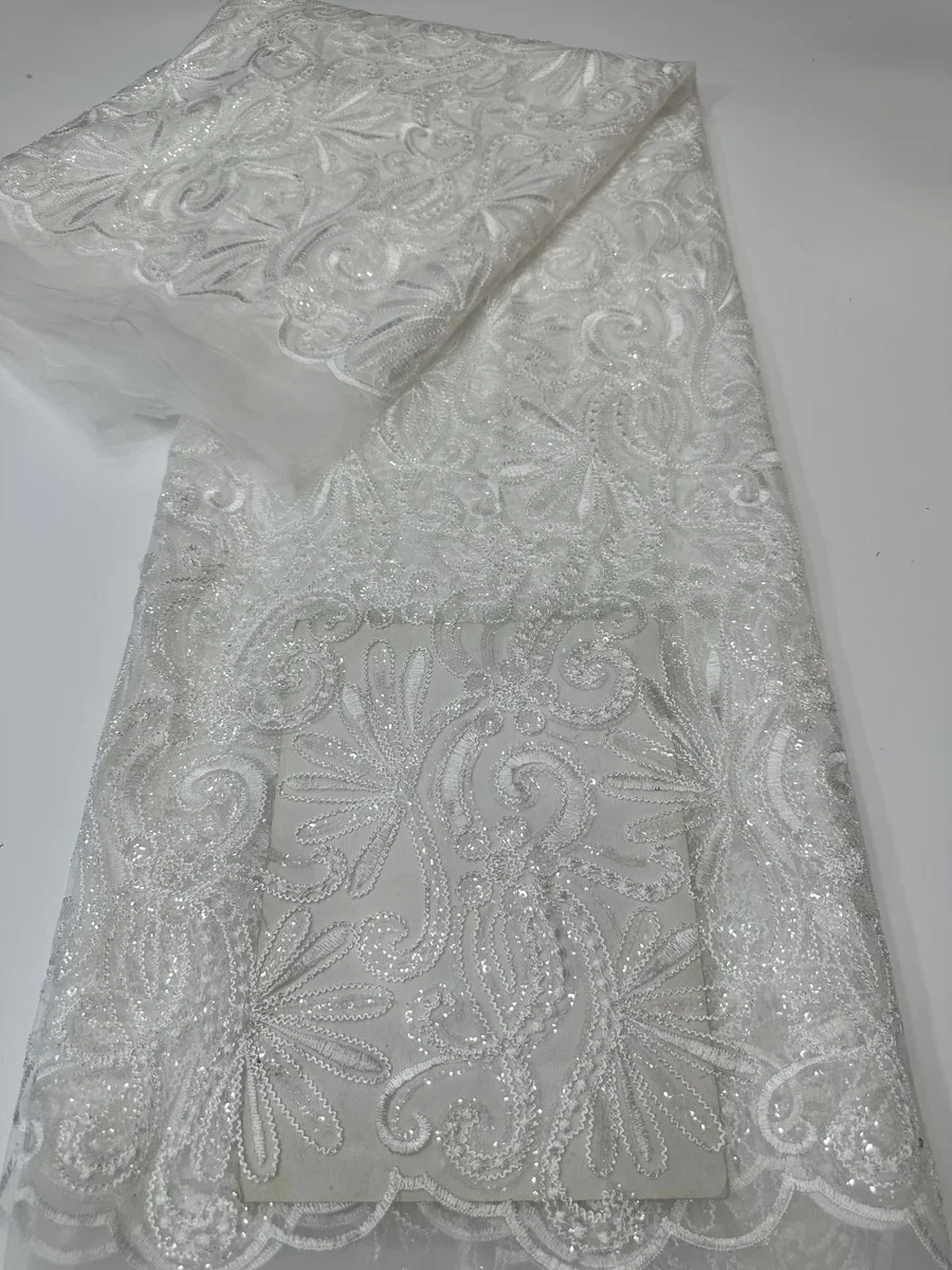 

2024 High Quality White French Sequins Lace Fabric African Nigerian Sequins Lace Fabric For Women Wedding Party Dress LYX2408