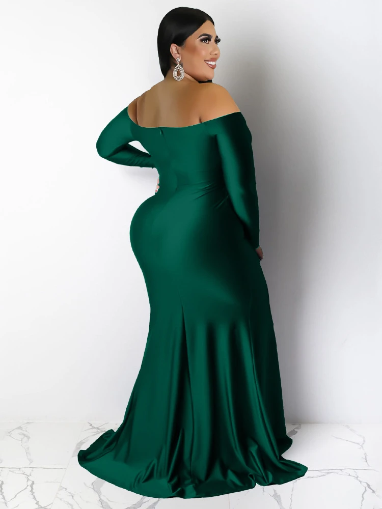 Evening Long Dresses Plus Size 4XL Off Shoulder Long Sleeve Green High Waist Sexy Bodycon Slit Floor Length Wedding Event Gowns