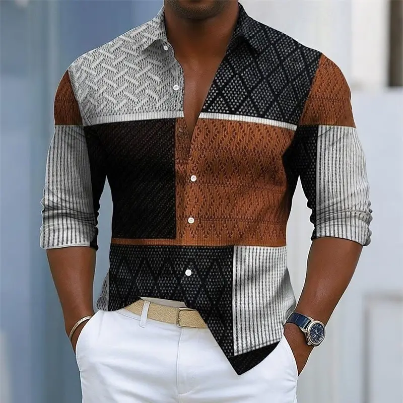 Chemise à manches longues à imprimé rétro à carreaux pour hommes, devant boutonné pour un usage quot