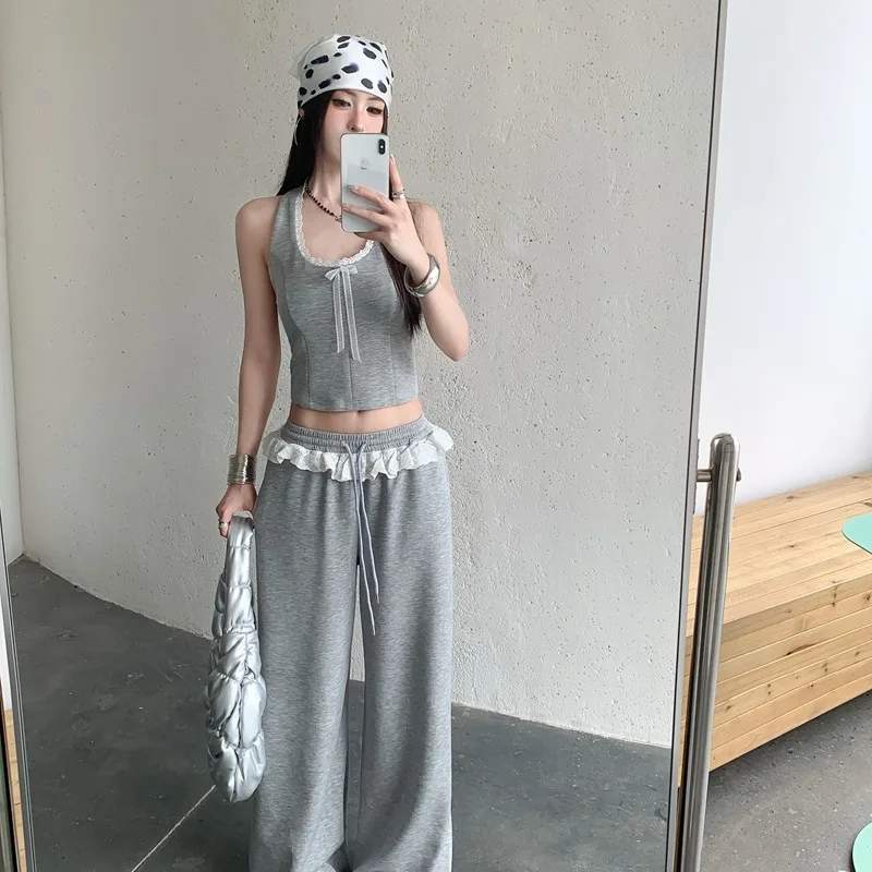 

Retro Summer 2026 Lace Knot Neckline Vest And Long Pants Set Splicing Design Vintage Style Women's Fashion Ens...