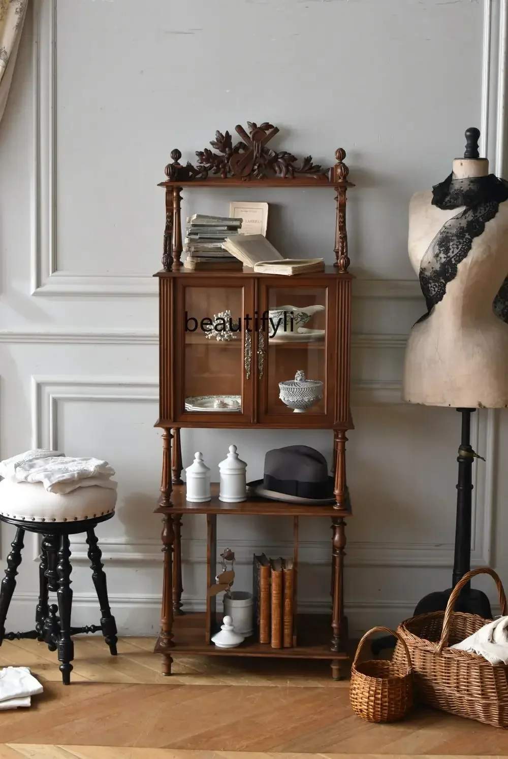 

A57 American solid wood dining side cabinet, living room wall locker, antique entrance retro storage cabinet