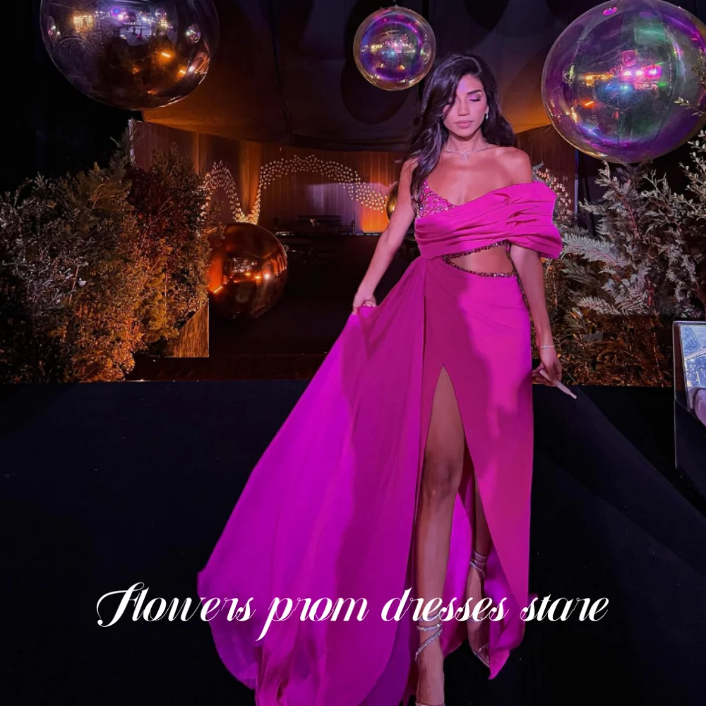 

Flowers Fuchsia Prom Dress One Shoulder Celebrity Dress Trumpet Split Women's Evening Dresses Sequins Formal Gowns Customized