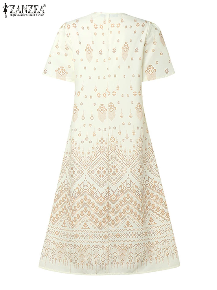 Women Long Dress ZANZEA 2025 Summer Bow Bohemian Elegant Short Sleeve Print A-line Sundress Square Collar Casual Party Vestidos