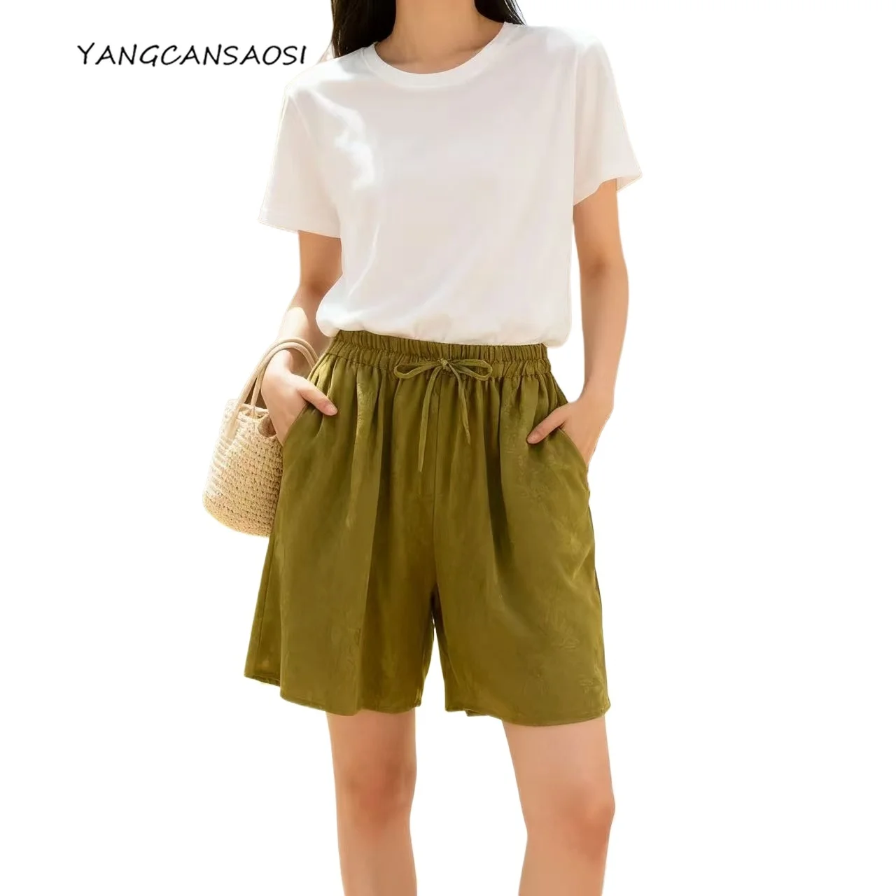 Ropa de moda para mujer, 100% seda de morera Natural, Margarita, Jacquard, satén, cintura elástica, pantalones de pierna ancha informales sueltos de Color sólido