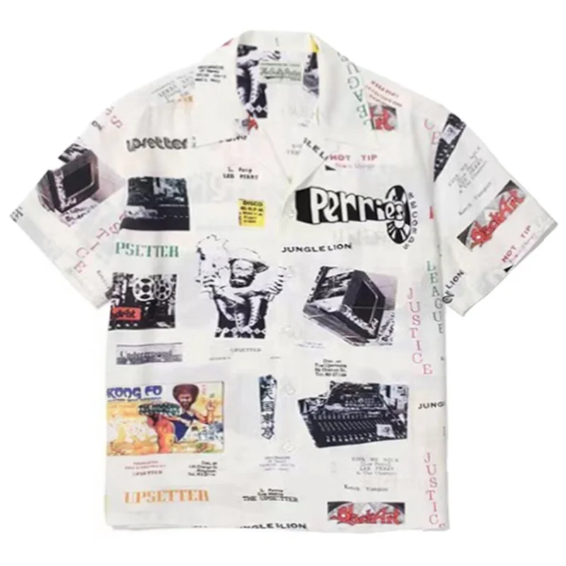 Trend Black White WACKO MARIA Full Print Poster Tenkoku Tokyo Hawaii Short Sleeve Shirt WACKO MARIA Shirt