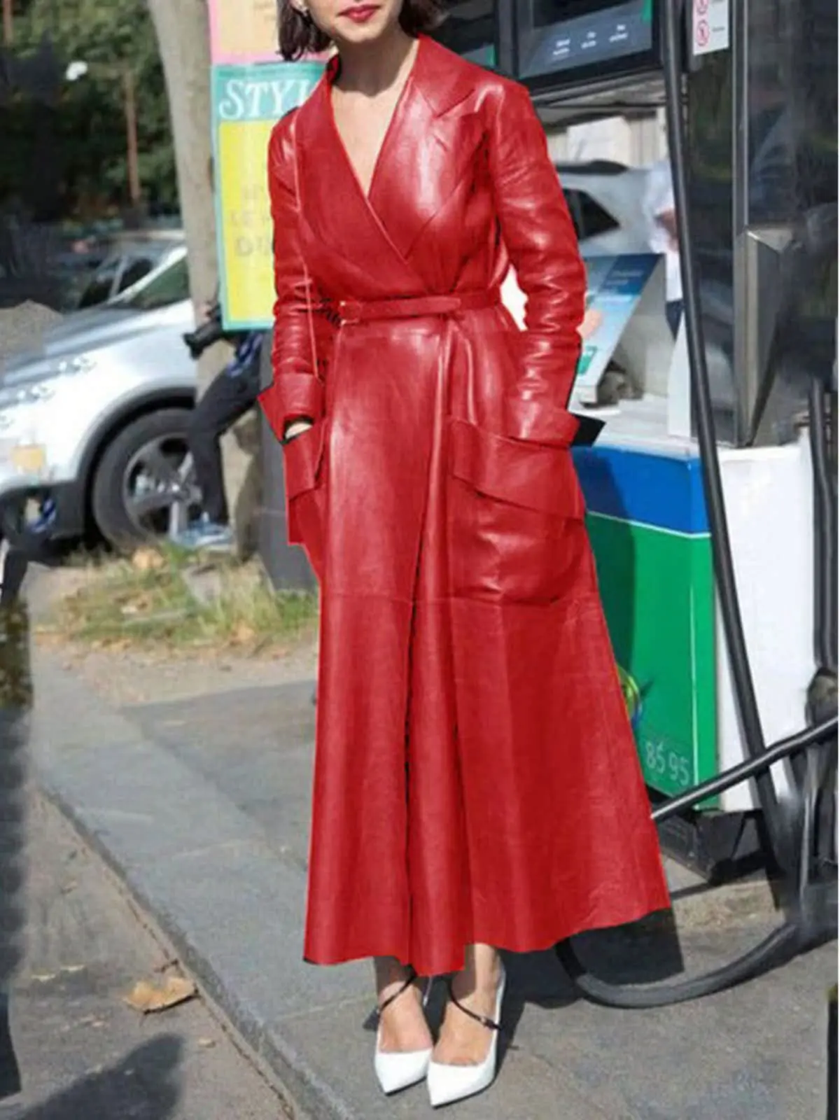 معطف نسائي طويل جداً من الجلد الصناعي بياقة بدلة وحزام، أزياء الشارع العصرية، ماركة أخرى