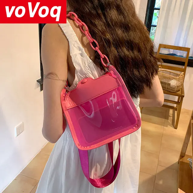 Nowa jesienna fluorescencyjna zielona pcv galaretka z łańcuszkiem jedno ramię przezroczysta torba na telefon moda wodoodporna kobieca mini torba typu Crossbody