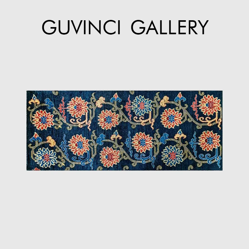 GUVINCI Turkish Style Carpet Blue Background With Peach Ivory & Gold Floral Motifs Oushak Runner Rug Boho Floor Mat For Bedside