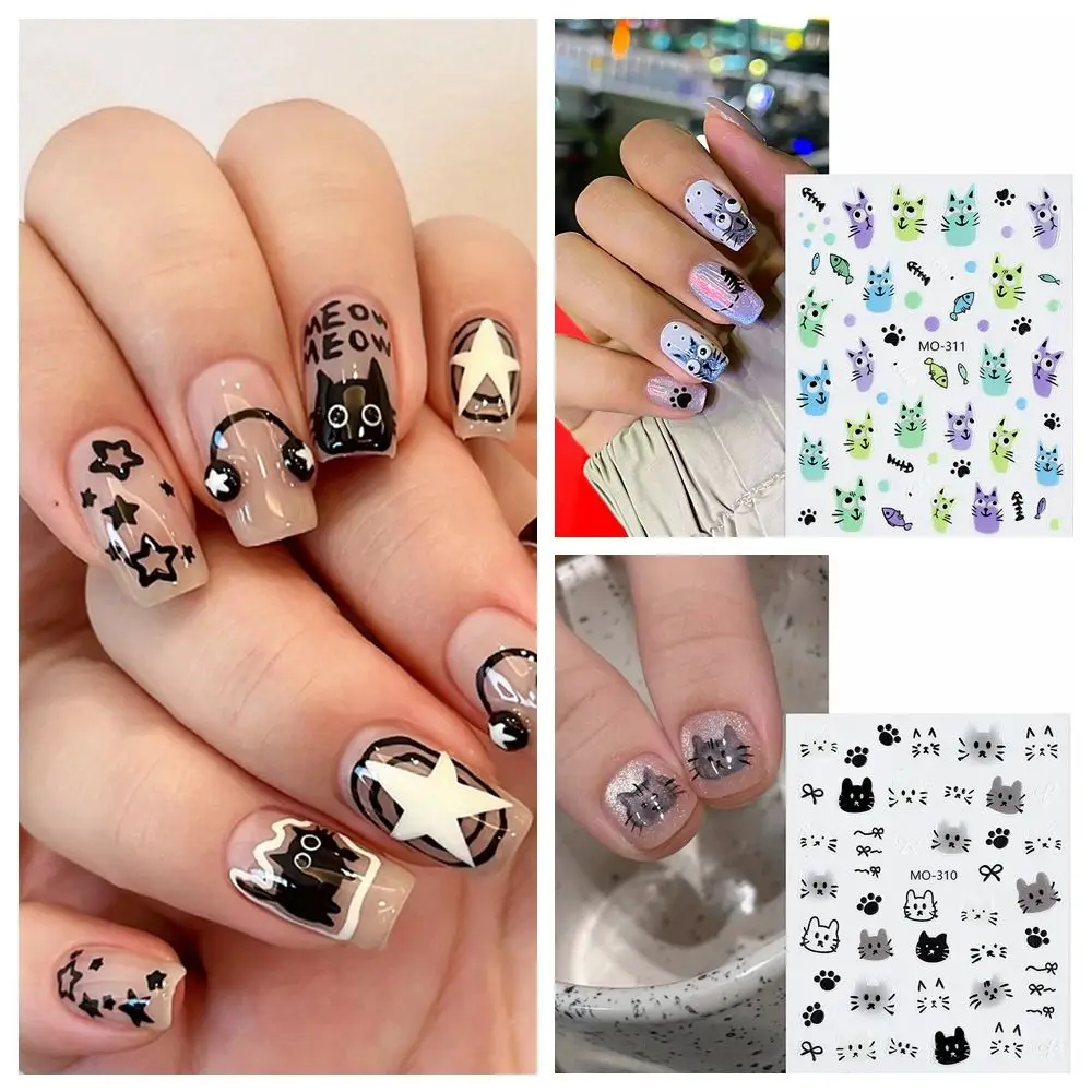 Graffiti 3D Black Cat Nail Stickers Earphone Cute Nail Art Decoration Y2K Bow Manicure Accesories Women