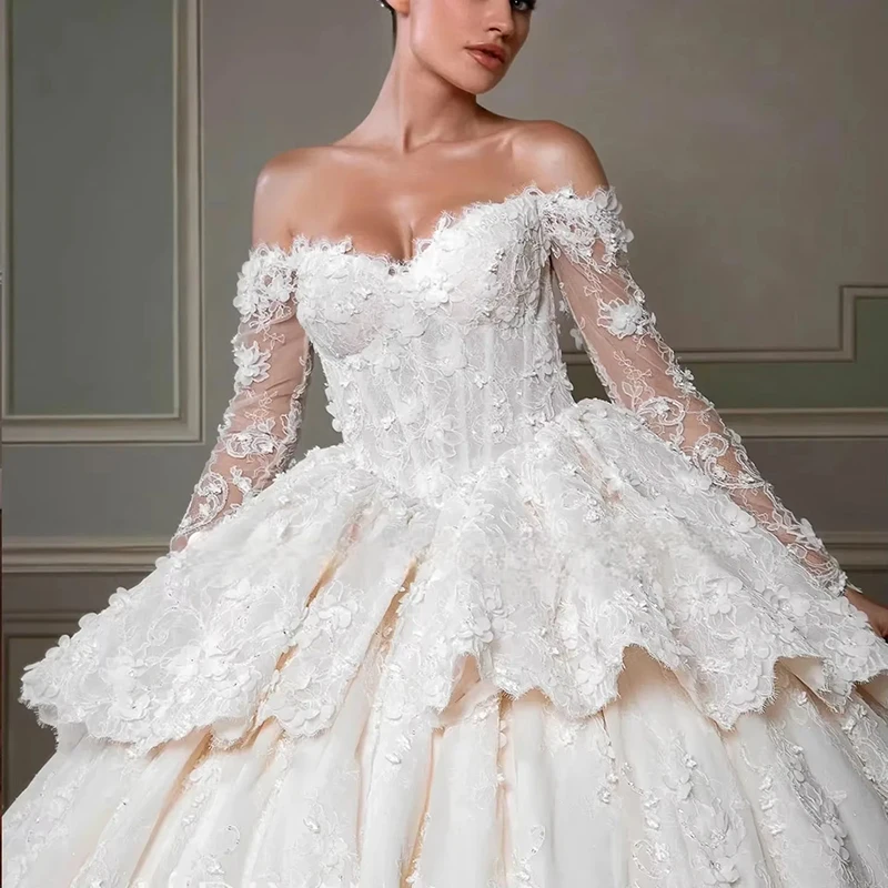 Elegant Off the Shoulder Wedding Dresses Long Lace Sleeves  White Church Weddings Bridal Dress A-line Ruffled Ball Gown