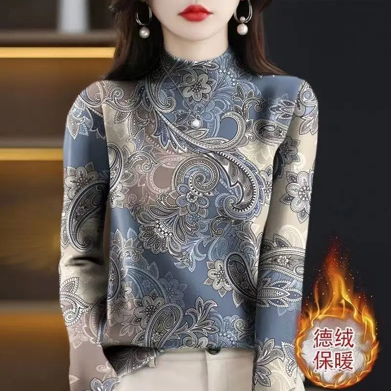 Jesienno-zimowy kwiatowy nadruk Moda T-shirt z długim rękawem Kobiety High Street Casual Loose Elegant Vintage Plus Velvet Pullovers