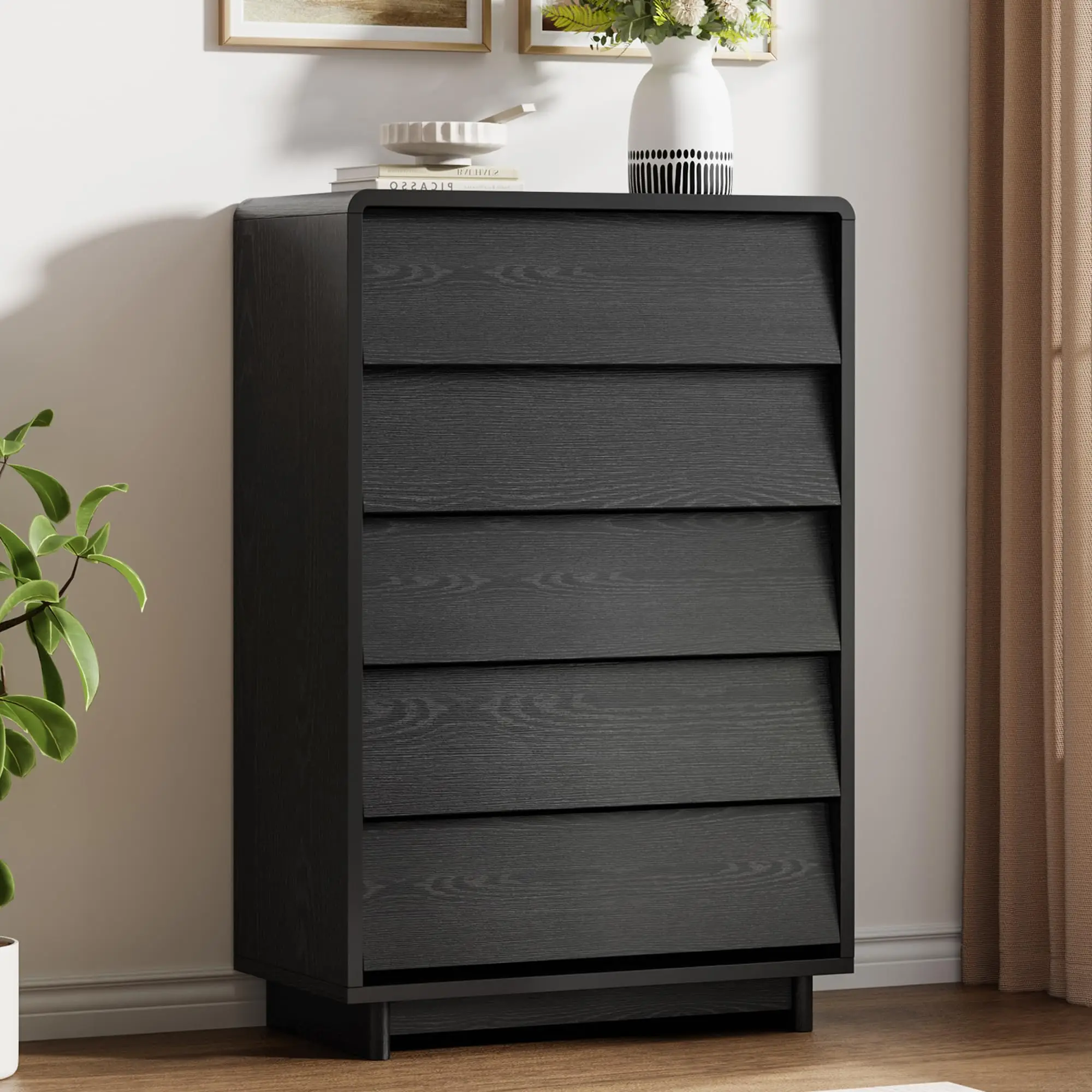 5-Drawer Tall Dresser for Bedroom – Handle-Free Wooden Chest of Drawers with Curved Edges & Spacious Storage