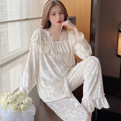 Autumn Women Pajamas Set Sweet White Ruffle Long Sleeve Trouser Suits Pyjama Pour Femme Loose Velour 2PCS Shirt&Pant Homewear