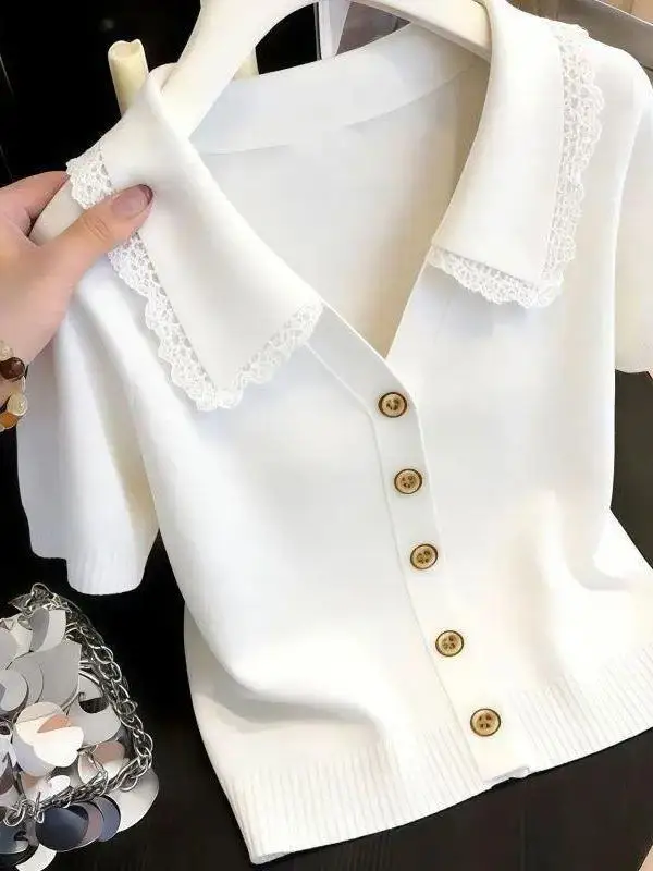 Ladies' Lazy Style Knitted Lace Trim Short Sleeve T-Shirt Pure Desirable Fashion Summer New High-End Sensation Trendy Top