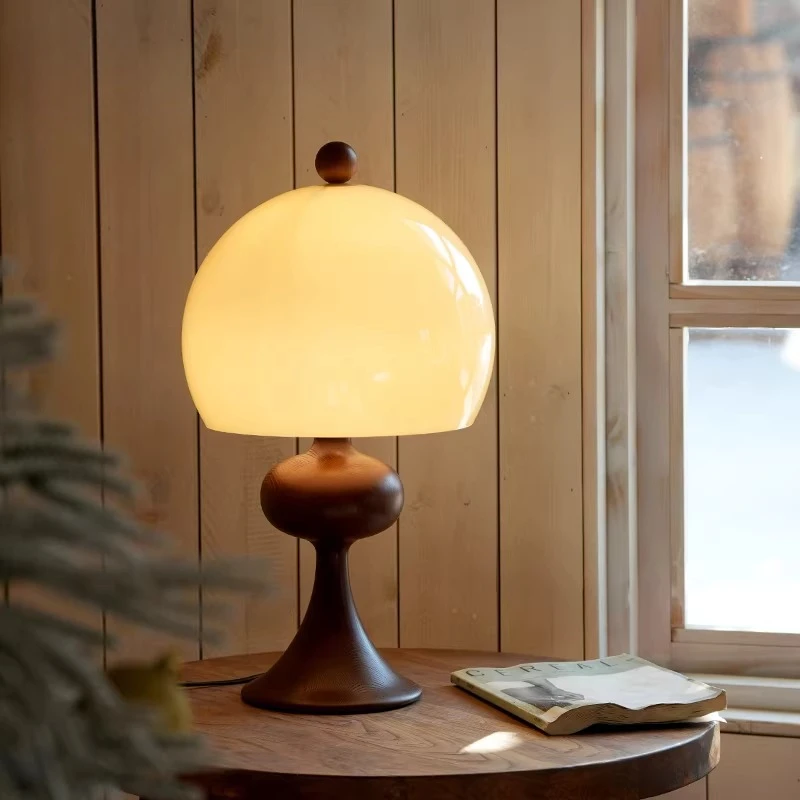 

American Retro Ash Wood Bubble Glass Table Lamp LED E27 Living Room Bedroom Bedside Tearoom Study Medieval Atmosphere Desk Light
