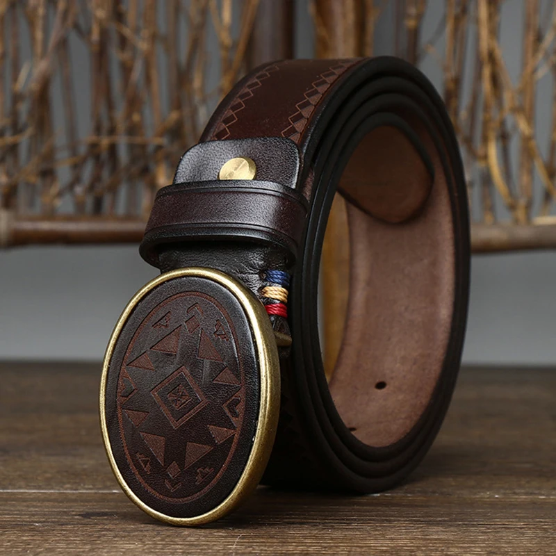 3.8CM Men High Quality Genuine Leather Belt Luxury Smooth Buckle Belts Pure Cowskin Laser Engraving Strap Male Jeans for Man