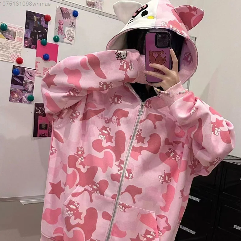 American Trendy Hello Kitty Camo Star Print Hooded Embroidered Hoodie for Women Loose Fitting Casual Zippered Coat Clothes