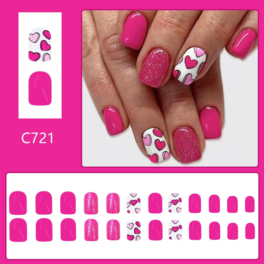 24 Pcs Short Square Fake Nails 2025 New Valentine's Day Acrylic Nails Press Ons with Glue Rose Heart Glitter False Nails Tips