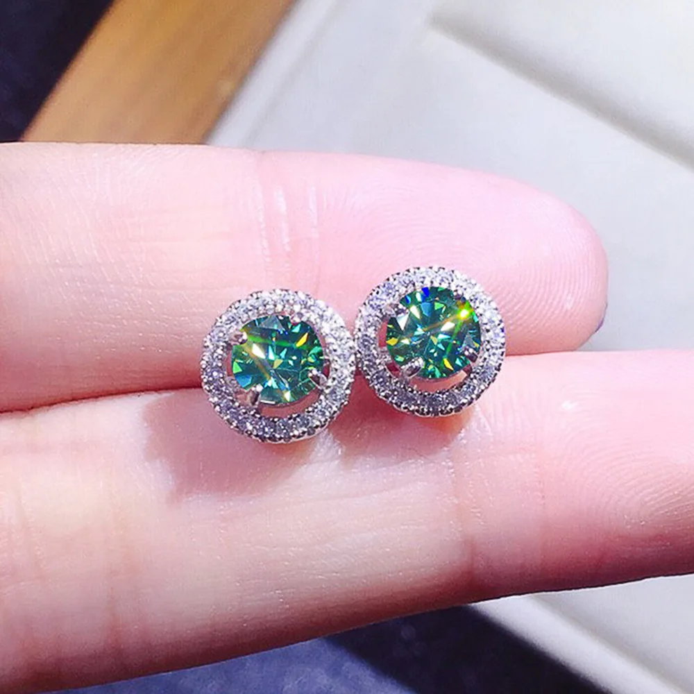 CellaCity Eight Hearts Eight Arrows Blue Green Zircon Earrings For Women 6mm GRA Moissanite Diamond Ear-studs Wedding Jewelry