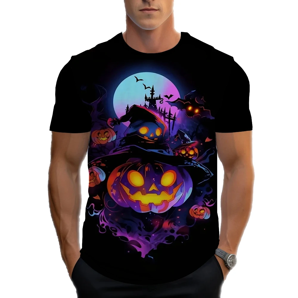 Men's Halloween Pumpkin 3D printed T-shirt,polyester knit fabric,round neck casual style,slightly elastic,weird night theme