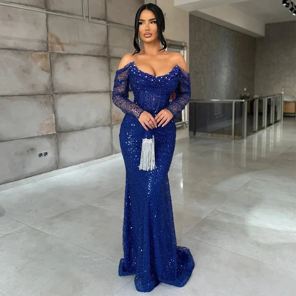 بلينغ الأزرق الملكي حورية البحر فستان الحفلات المسائية سكوب قبالة الكتف اللؤلؤ الترتر حفلة موسيقية فساتين رسمية مأدبة رداء دي سواريه
