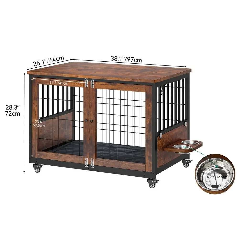 Dog Kennel Furniture with Rotating Feeder Bowls Three Doors Wheels Small Medium Dogs 38.1