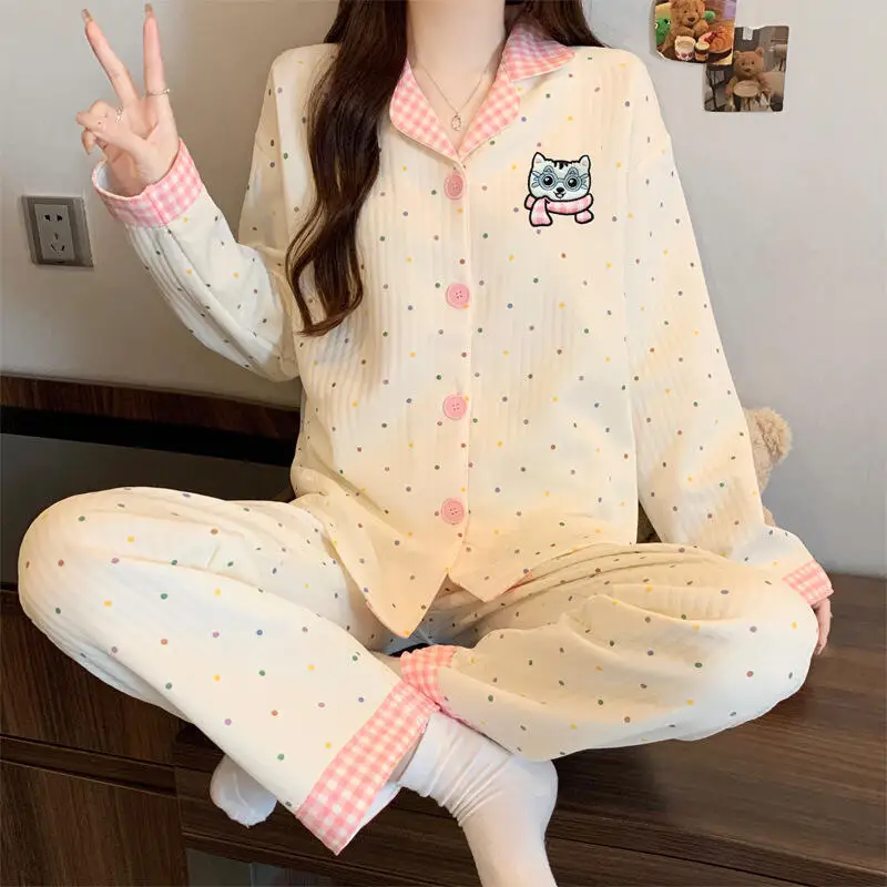 Cute Kitten Girls Kawaii Wave Point Pajamas Usagi Chiikawa Student Winter Warm Cartoon Anime Sweet Comfortable Home Clothes Set