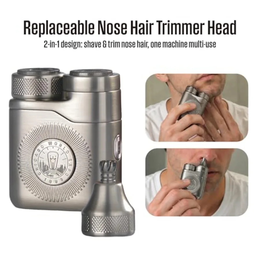 Men's Portable Rotary Electric Shaver for daily grooming, stainless steel blades, silver finish, ultra-quiet motor and 60-min r