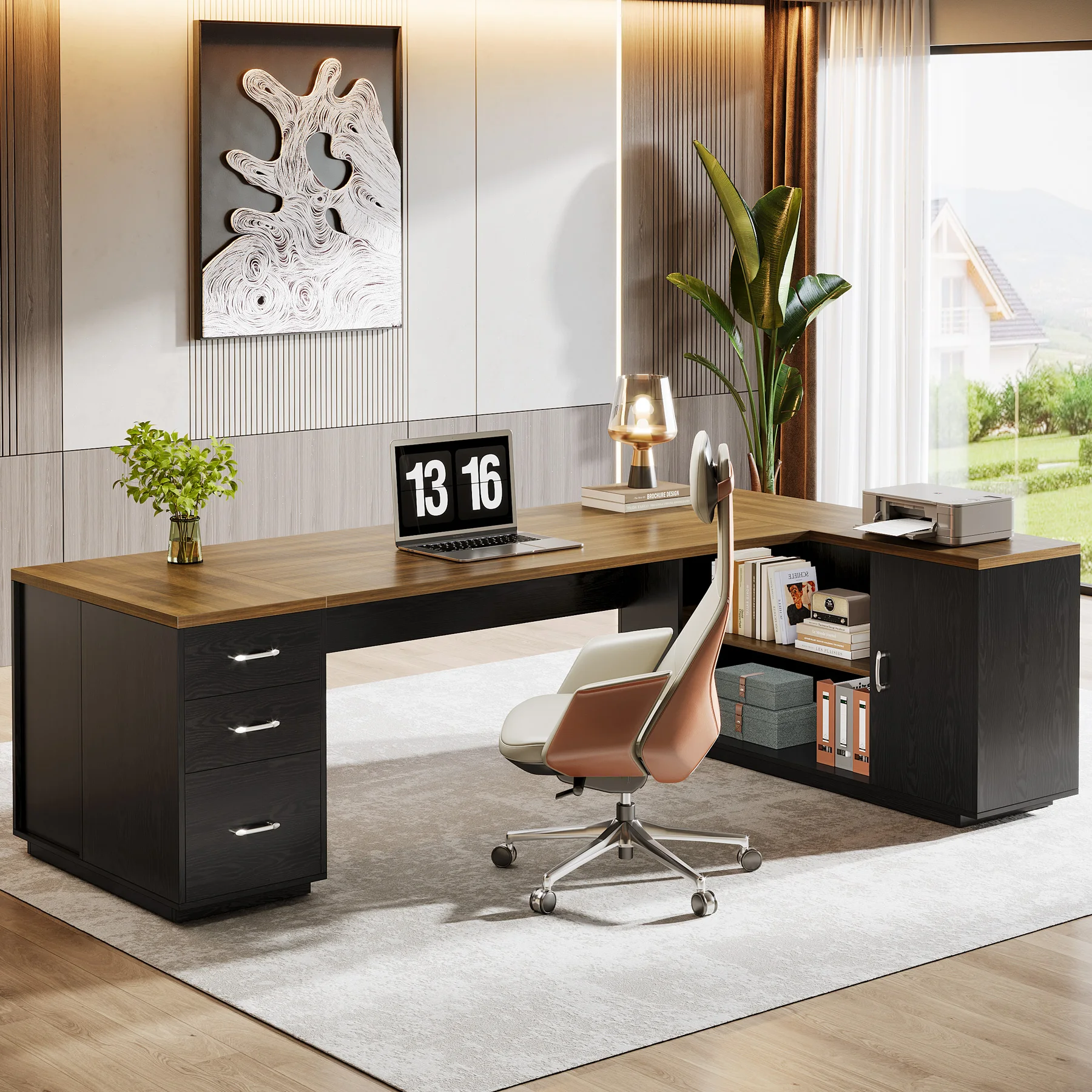 

as-Tribesigns 85.8-Inch L-Shaped Executive Desk with File Drawers, Door Cabinet & Shelves, Extra Large Commercial Office Desk@