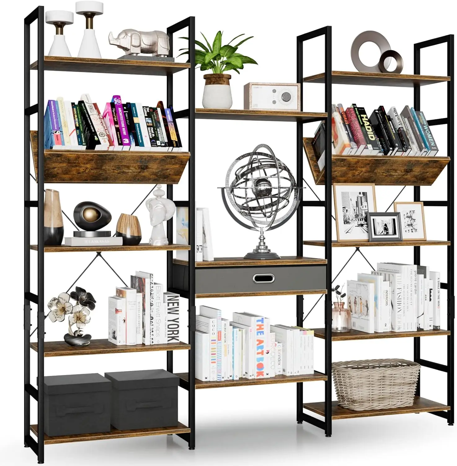 NUMENN Triple Wide 5 Tier Bookshelf, Adjustable Rustic Industrial Style Book Shelves, Modern Bookcases and Bookshelves Furniture