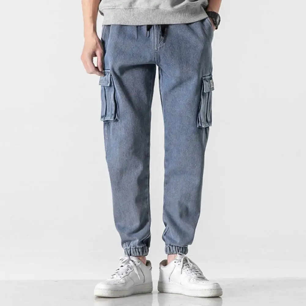 Men Hip Hop Cargo Jeans Pants Solid Color Multi Pockets Summer Autumn Lace-up Ankle Tied Denim Pants Male Baggy Jean Trousers