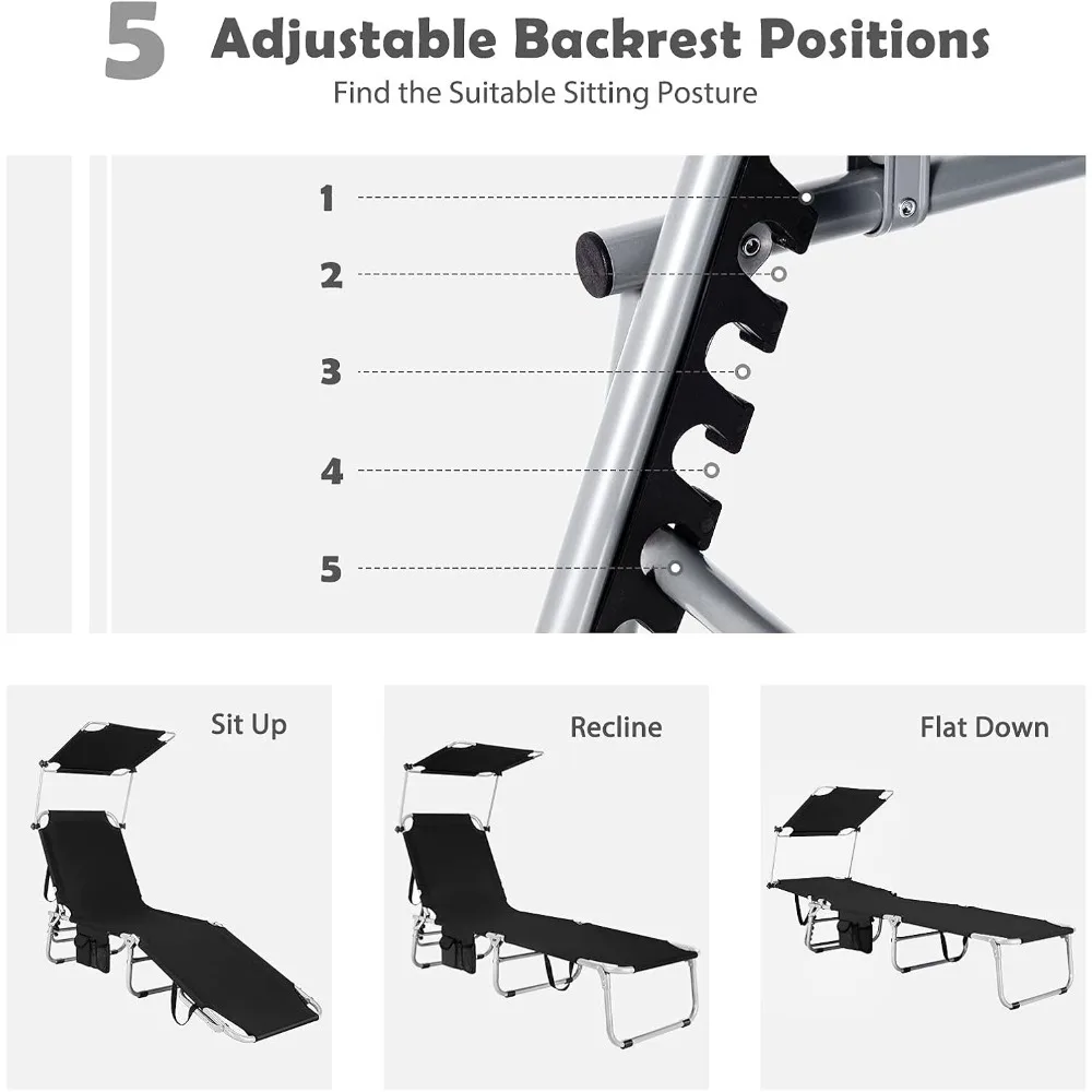 Silla de bronceado plegable, tumbona de playa con toldo de 360 °, parasol, bolsillo lateral, ajustable en 5 posiciones