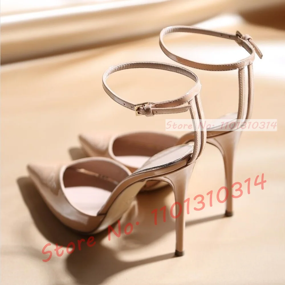 Nude Patent Leather Pointy Toe Sandals Women Casual Thin High Heels Shoes Double Back Strap Party Elegant Silver Evening Sandals