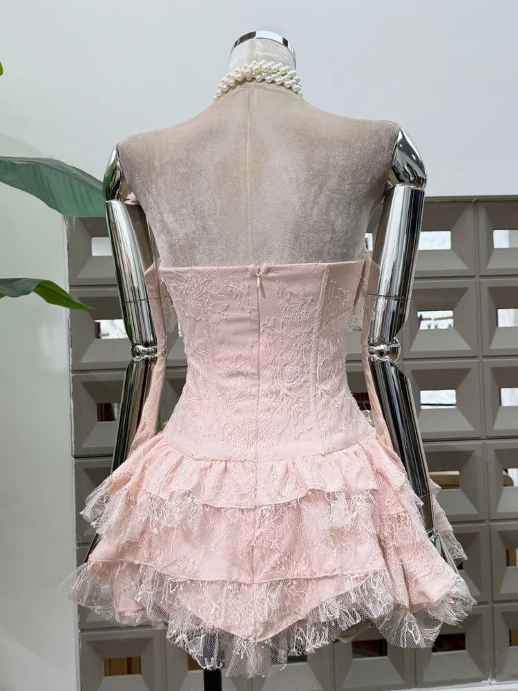 Dfdg feminino 2025 primavera verão designer renda em camadas vestido oco assimétrico bainha chique festa de férias tubo topless vestido de festa