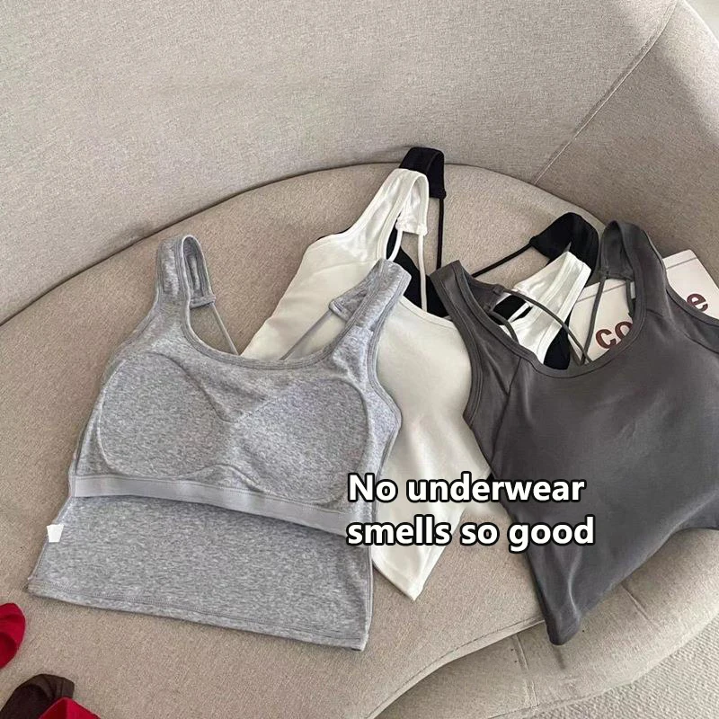 New Sports Tank Top Women Solid Color Large U Neck Cross Non-marking One With Bra Pad Outer Wear Bottom Wrap Women