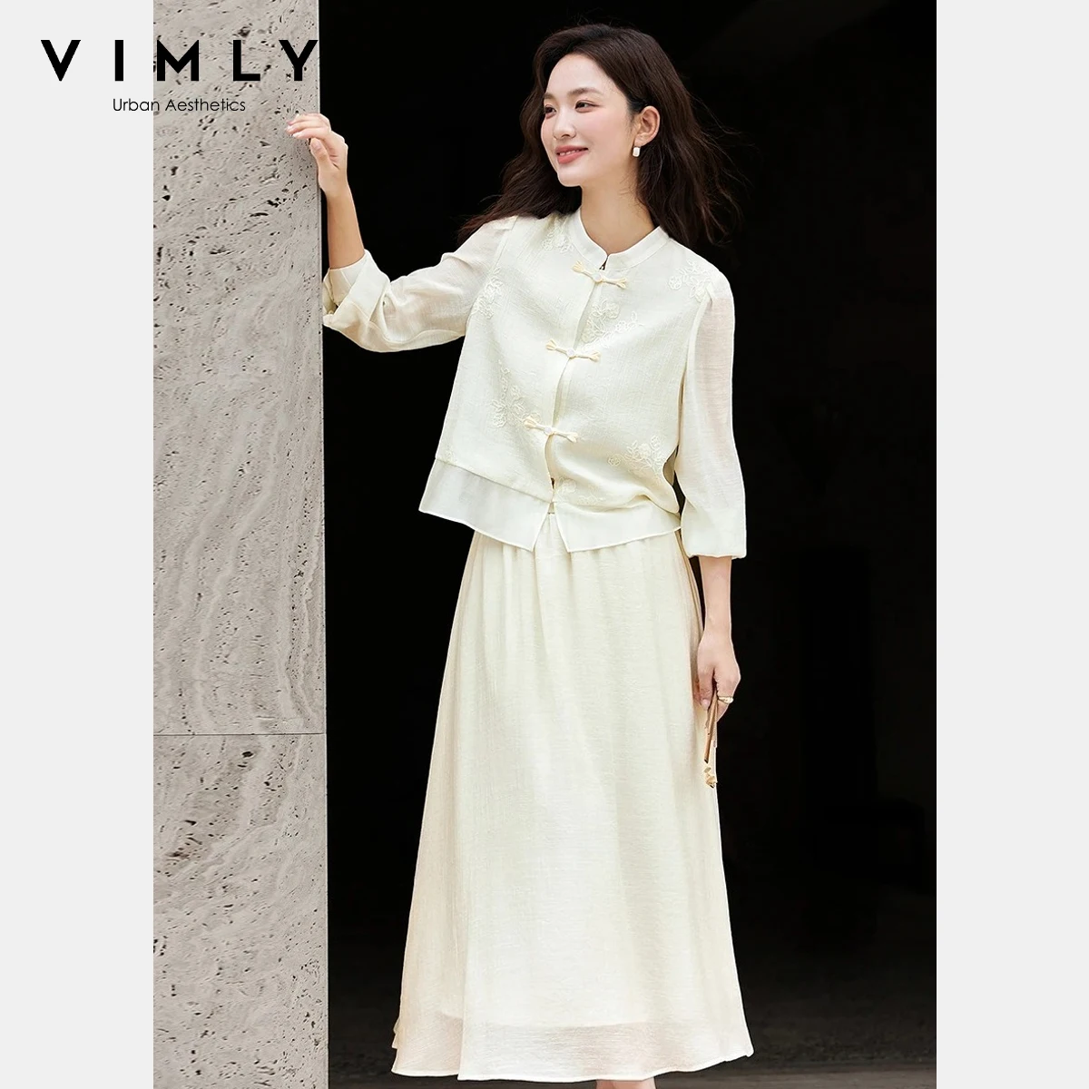 

Vimly комплект из двух предметов в китайском стиле, осень 2025, однобортная рубашка с воротником-стойкой и плиссированная юбка, женская повседневная повседневная одежда A2676