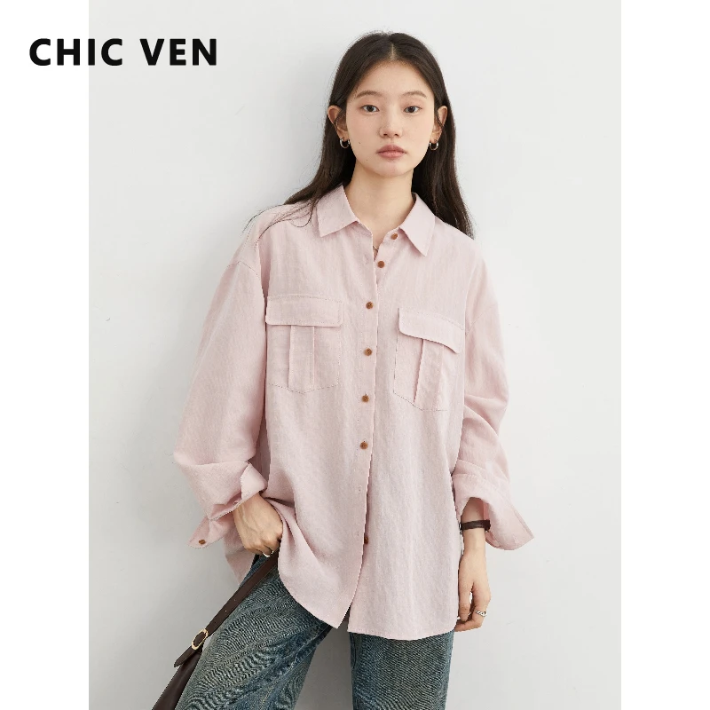 

CHIC VEN новые женские рубашки однобортные свободные повседневные блузки с длинными рукавами и двойными накладными карманами женское пальто весна осень 2025