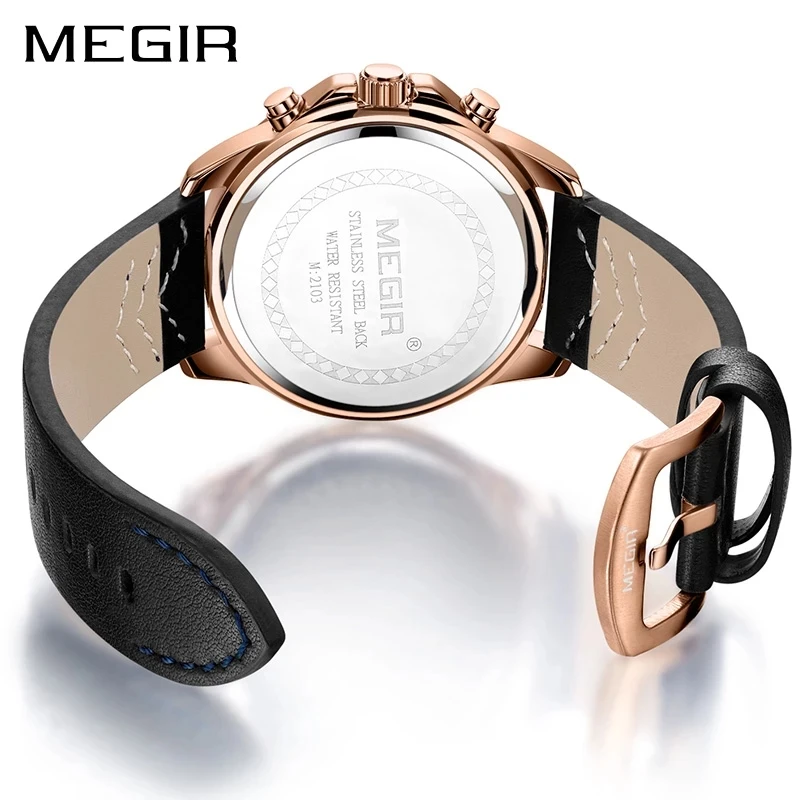 MEGIR Sport Quartz Watch for Men Fashion Leather Strap Waterproof Luminous Calendar Chronograph Watches Mens Relogio Masculino