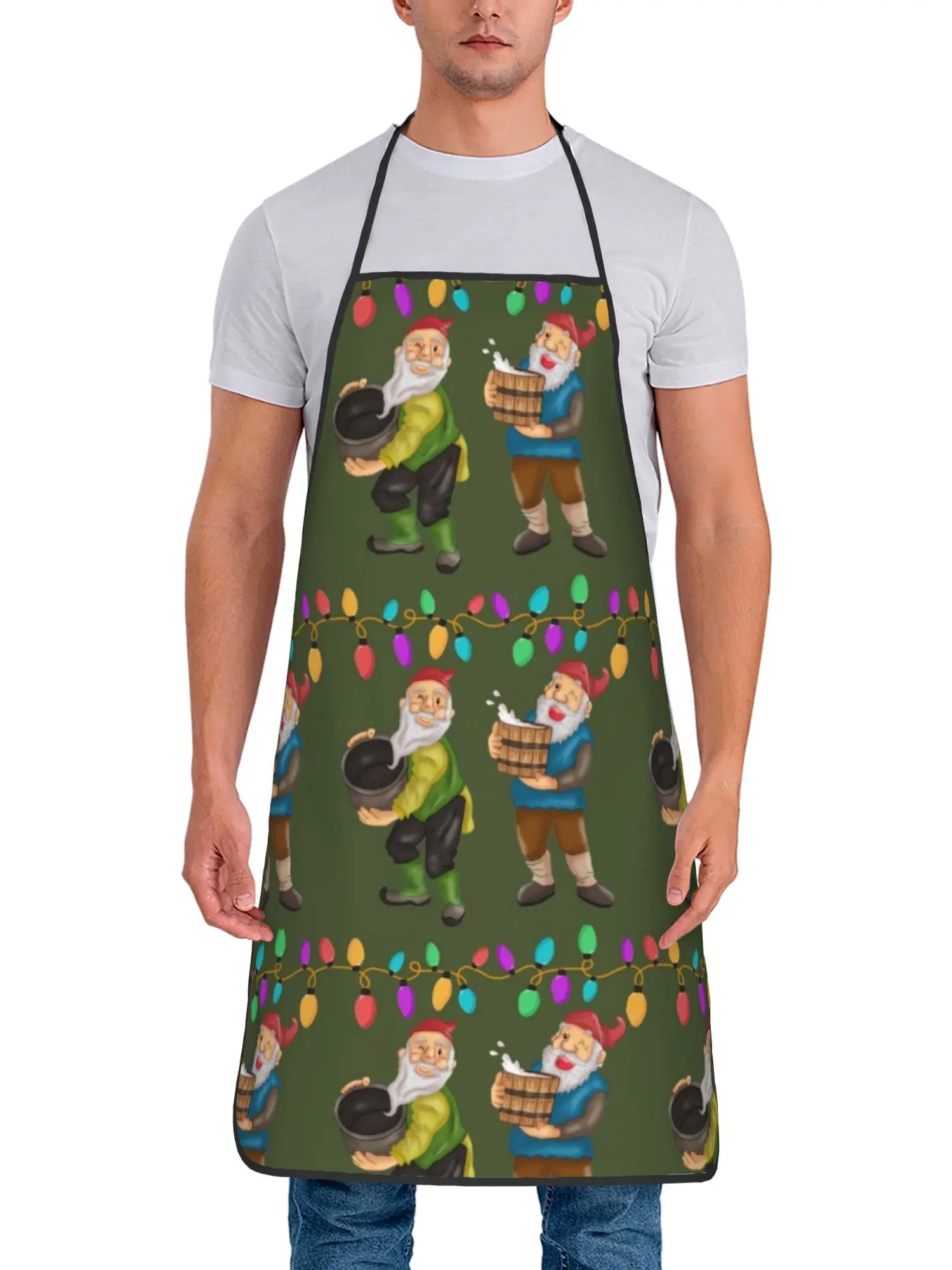 Christmas Light Two Brew Gnome Dark Green Repeat Print Waterproof Apron Unisex Adult Kitchen Baking Holiday Lover Holiday Gift