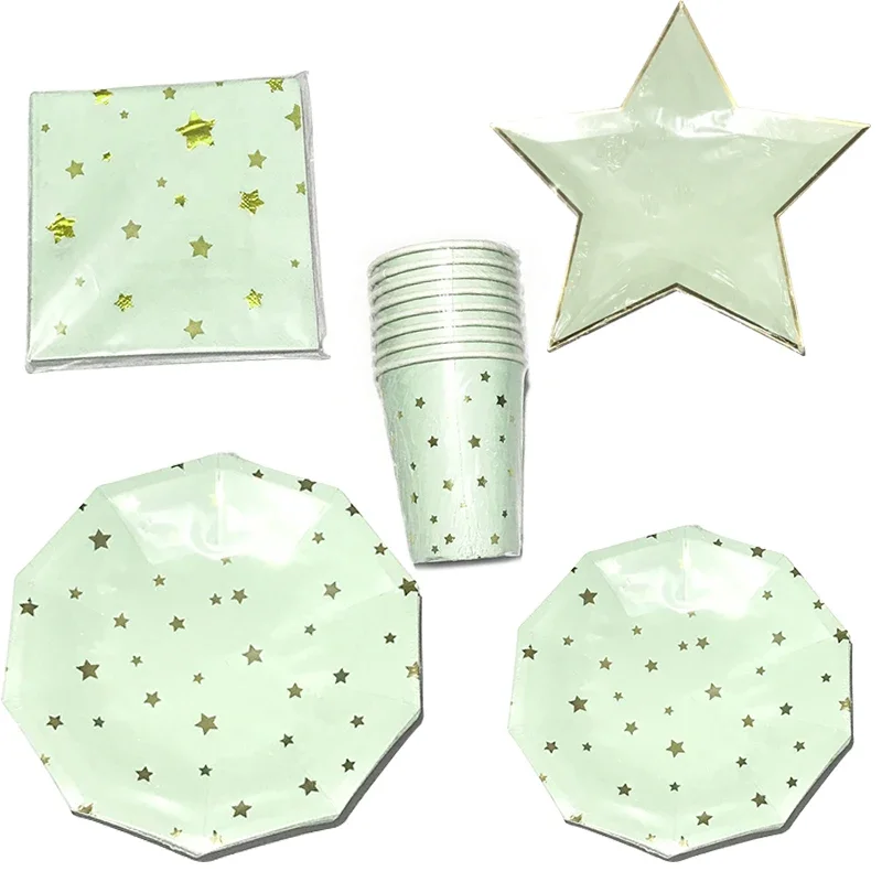 Gold Foil Star Wedding Party Supplies Tableware Sets Light Mint Green Paper Plate Cups Napkins For Baby Shower Baptism Decor