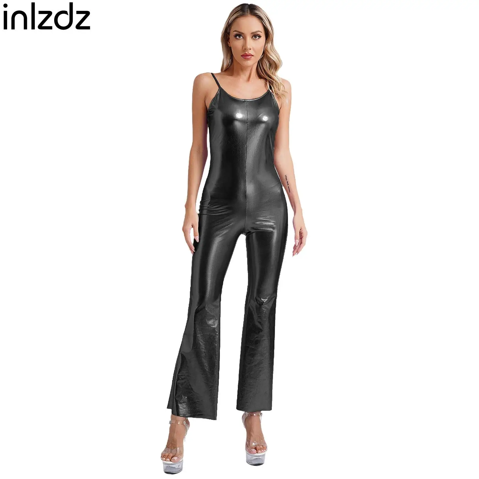 

Womens Glossy Sleeveless Jumpsuit Dancewear Metallic Shiny Halter Round Neck Skinny Jumpsuit One-Piece Bodycon Rompers Clubwear